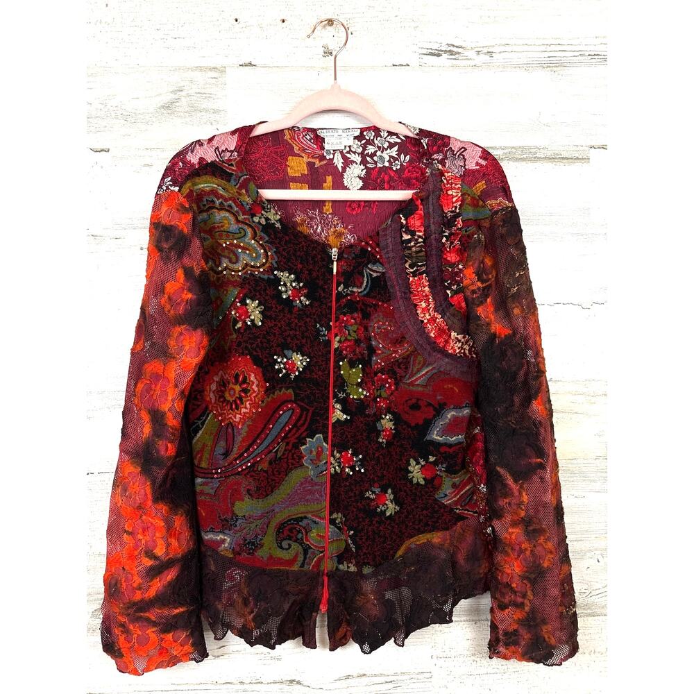 Alberto Makali Red Multi Embroidered Lace Zip Jacket Womens L Boho Chic